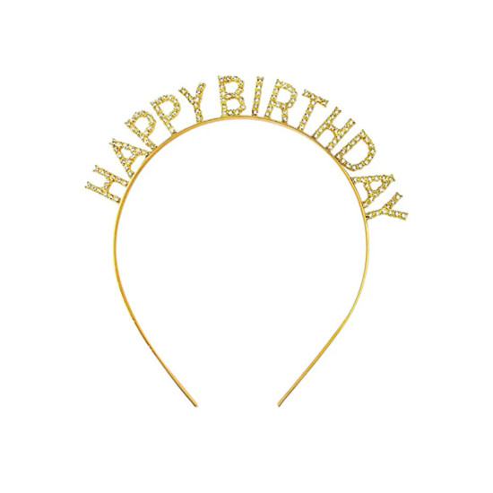 Taç Taşli Metal Happy Birthday Gold