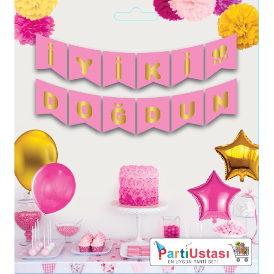 Yazi Varakli Zarf Banner İyi̇ki̇ Doğdun Pembe Altin