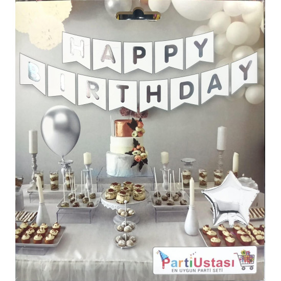 Yazi Varakli Zarf Banner Happy  Beyaz Gümüş