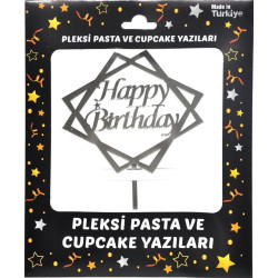 Pasta Yazisi Pleksi̇ Happy Birthday çerçeveli̇ Gümüş